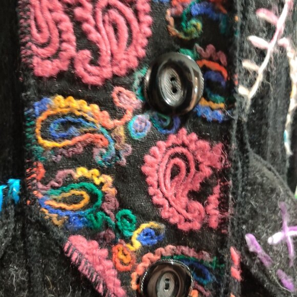 Liquid by Stone S Black Boho Knit Cardigan Jacket Colorful Embroidered Sweater - Picture 8 of 12